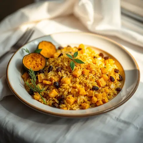 Baked pumpkin rice. AI-generated photo.