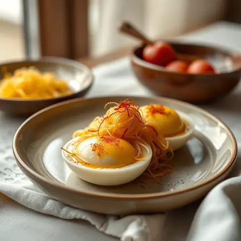 Sweet vermicelli eggs. AI-generated photo.