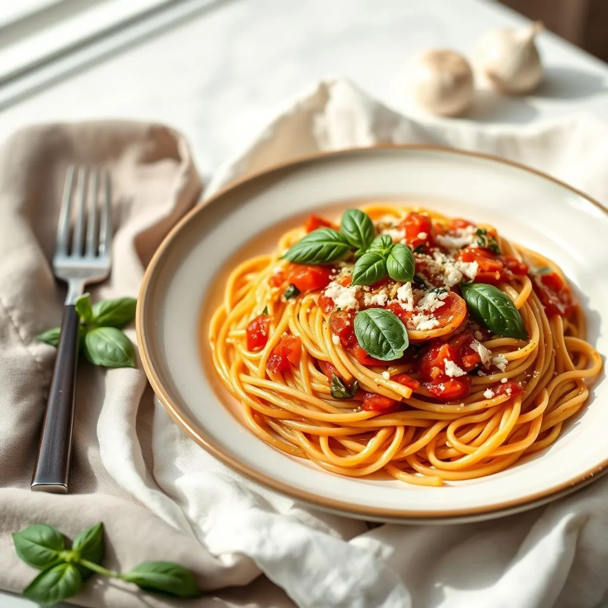 AI-generated photo Basil Tomato Linguine. AI-generated photo.