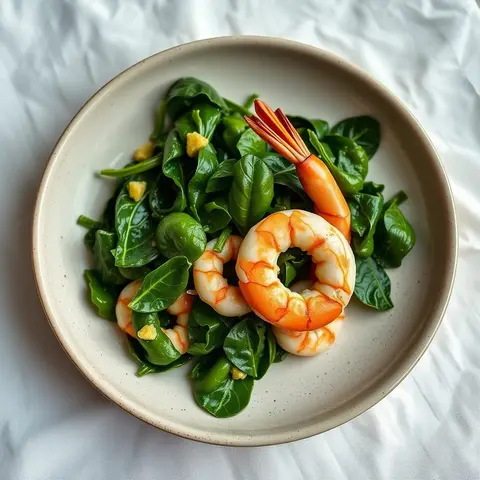 Greens and shrimp. AI-generated photo.