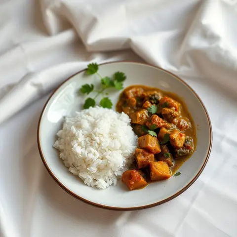 Rice beside the stew. AI-generated photo.