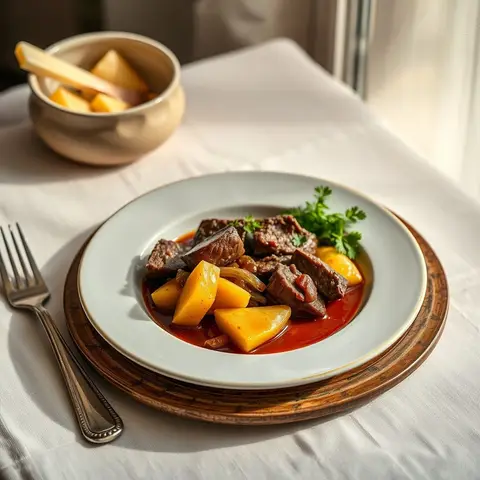 Beef and cassava. AI-generated photo.