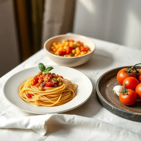 Chickpea tomato spaghetti. AI-generated photo.