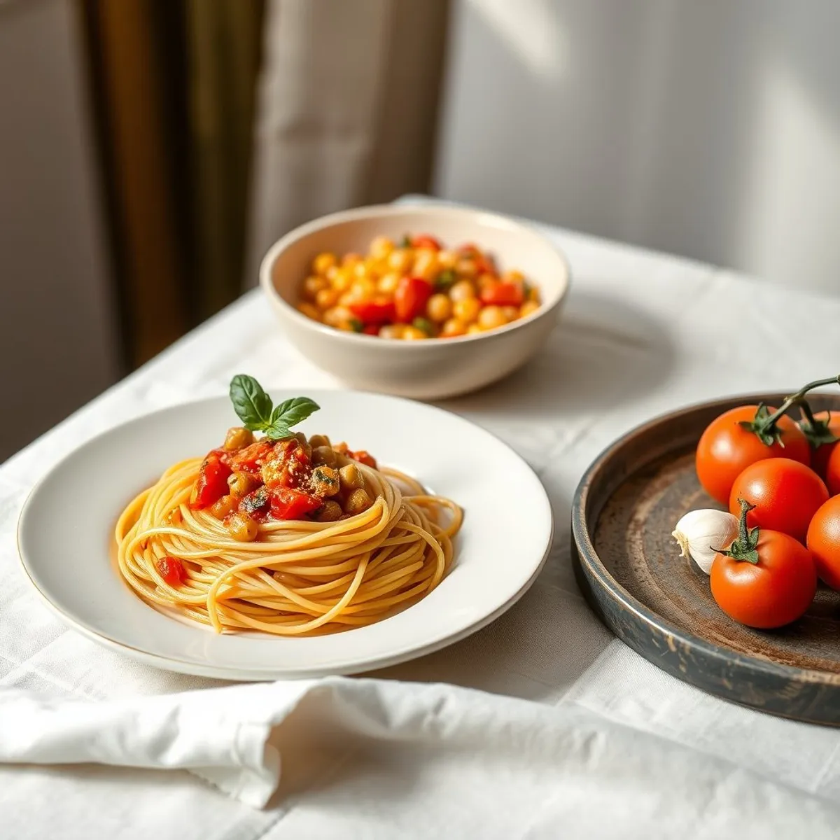 AI-generated photo Chickpea tomato spaghetti. AI-generated photo.