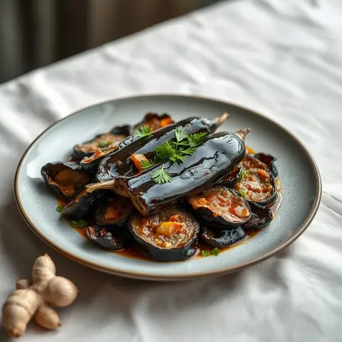 Fish-fragrant eggplant. AI-generated photo.