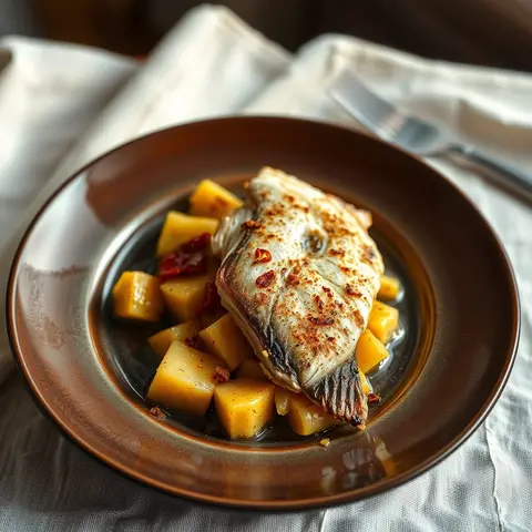 Cassava and grilled fish. AI-generated photo.