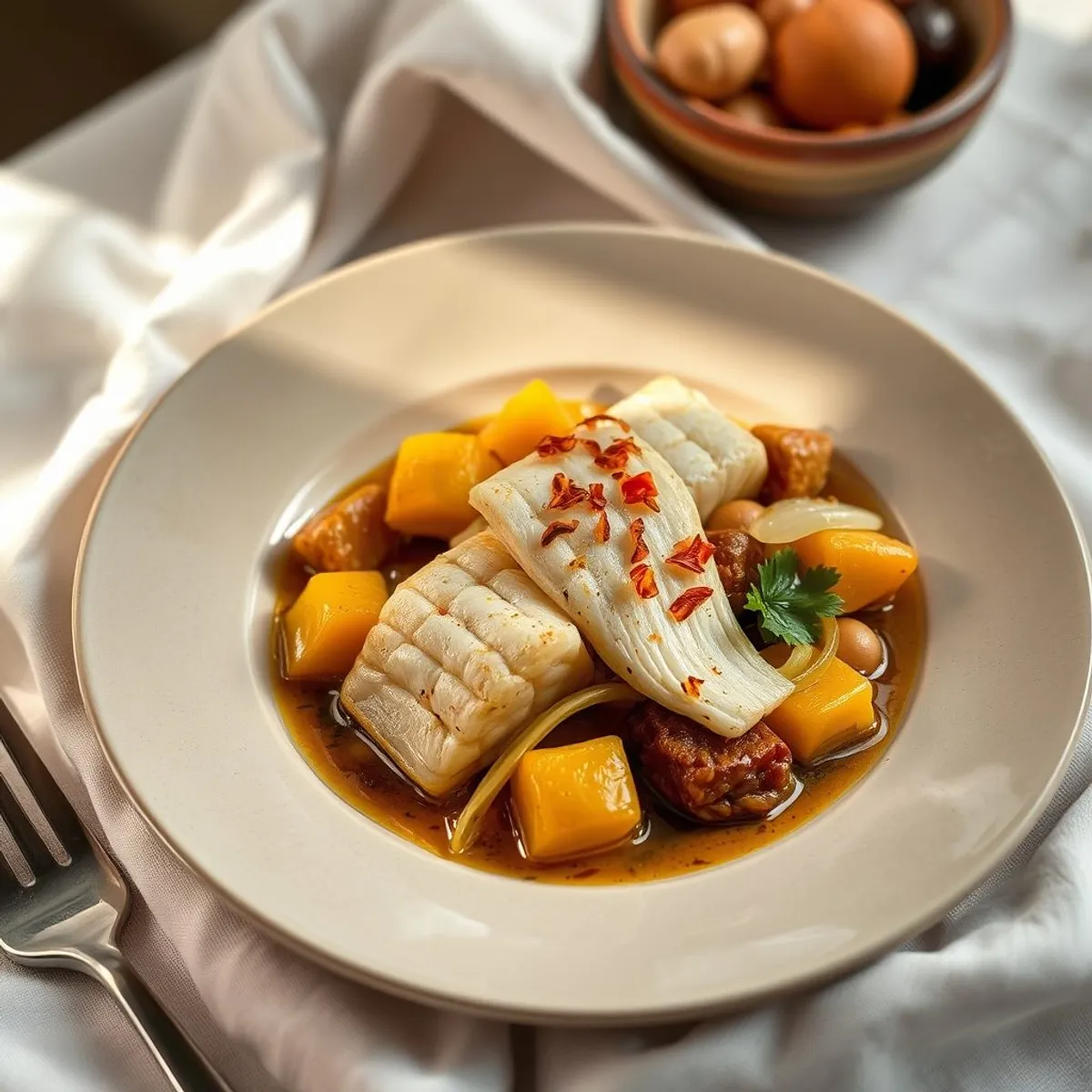 AI-generated photo Garba · cassava and fish. AI-generated photo.