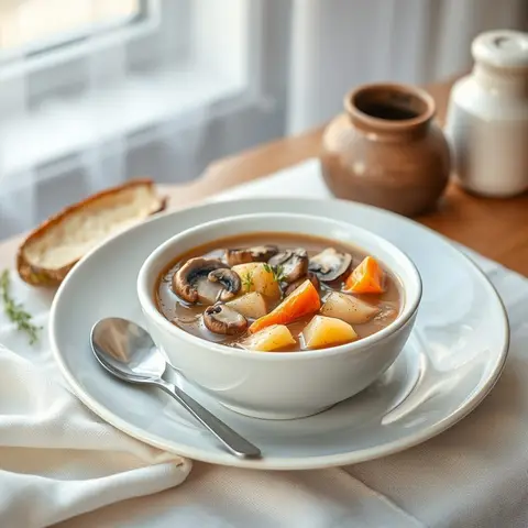 Potato mushroom soup. AI-generated photo.