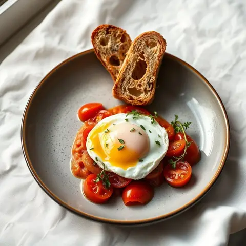 Egg and tomato brunch plate. AI-generated photo.
