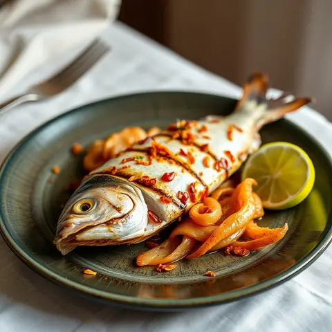 Grilled fish. AI-generated photo.