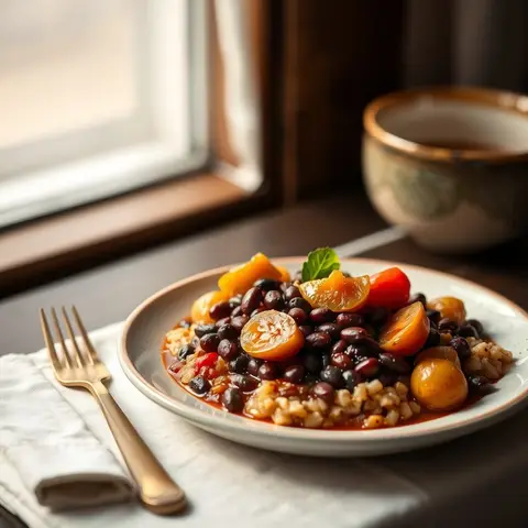 Red red beans and plantain. AI-generated photo.