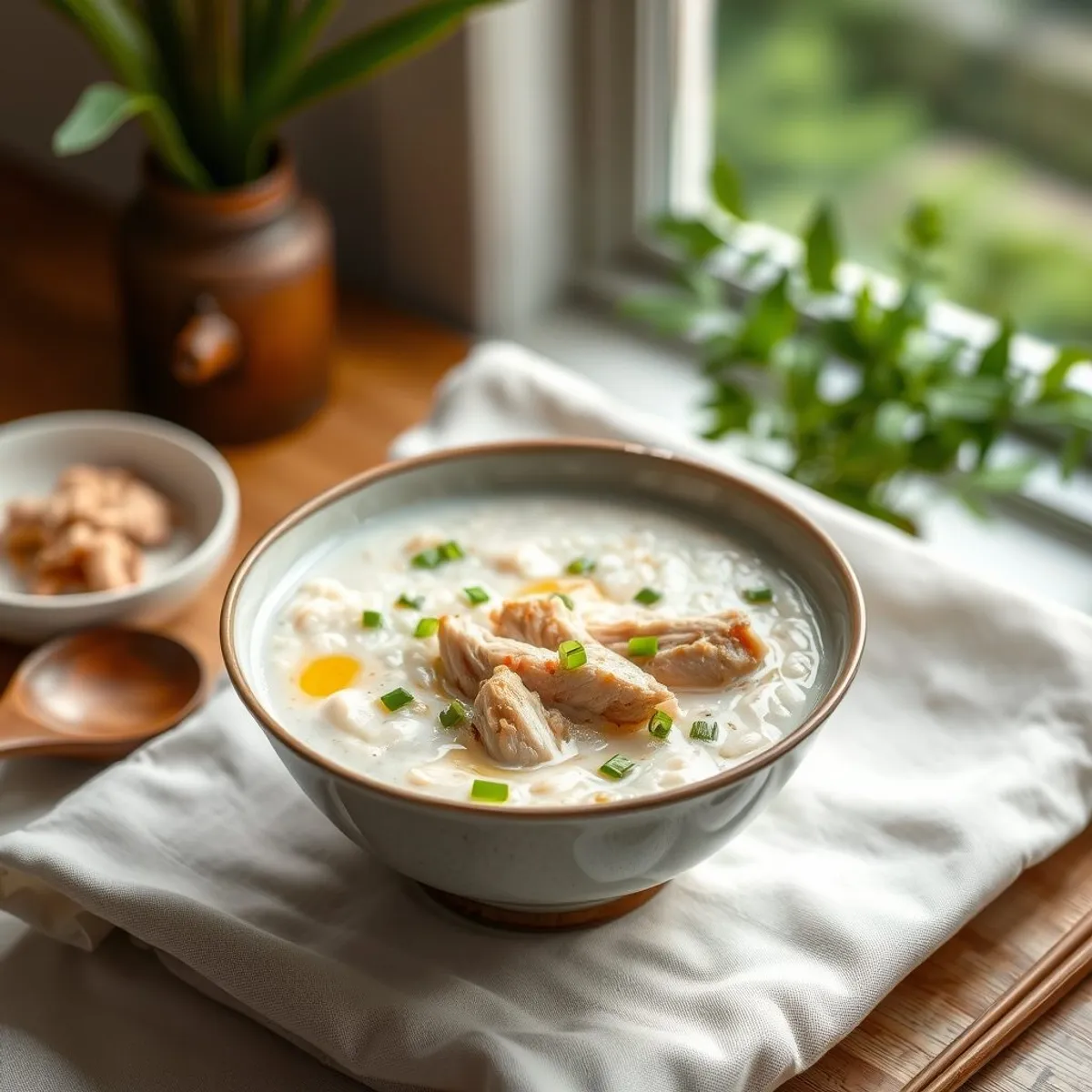 AI-generated photo Ginger Chicken Congee. AI-generated photo.