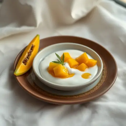 Papaya missing, mango yogurt. AI-generated photo.