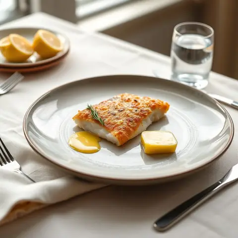 Pan-fried haddock. AI-generated photo.