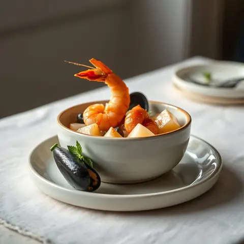 Seafood chupe. AI-generated photo.