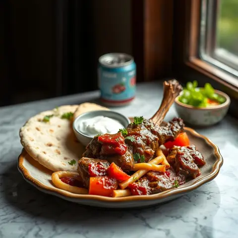 Iskender kebab. AI-generated photo.