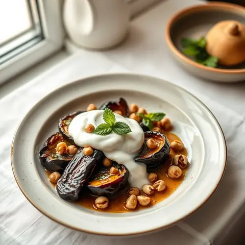Eggplant with yogurt. AI-generated photo.