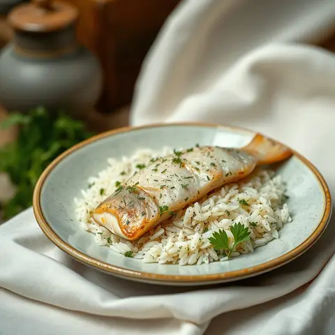 Herb rice with fish. AI-generated photo.