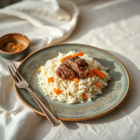 Kazakh plov. AI-generated photo.