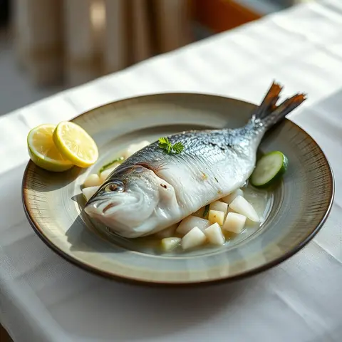 Raw fish with coconut. AI-generated photo.