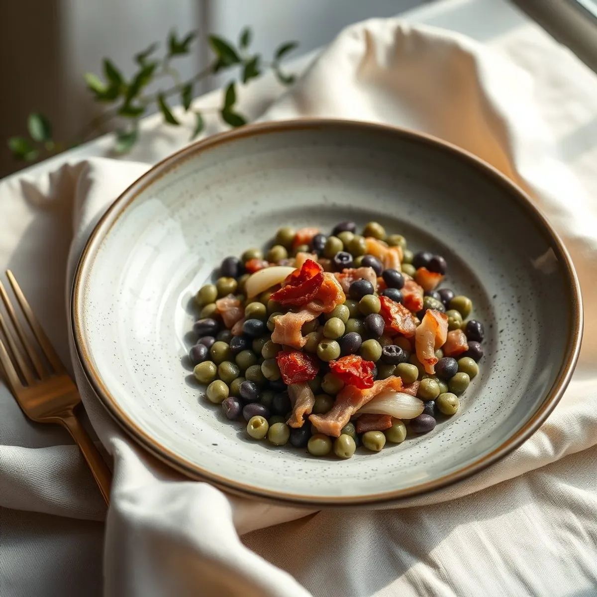 AI-generated photo Grey peas and bacon. AI-generated photo.