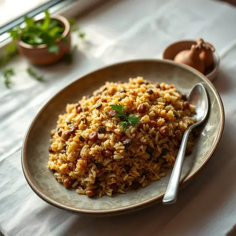 Lentil rice with onion. AI-generated photo.