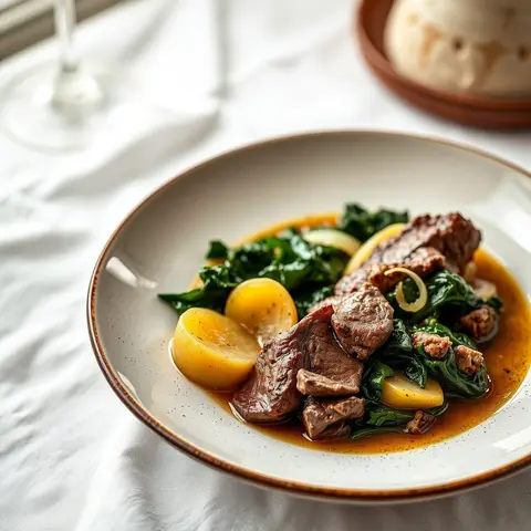 Beef and greens. AI-generated photo.