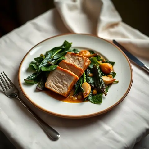 Pork and greens. AI-generated photo.