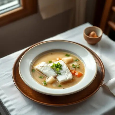 Fish and taro soup. AI-generated photo.