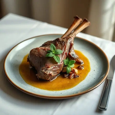Roast lamb with mint. AI-generated photo.
