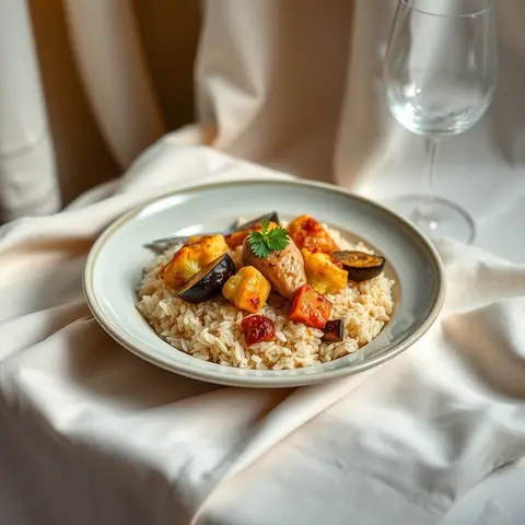 Maqluba with cauliflower. AI-generated photo.
