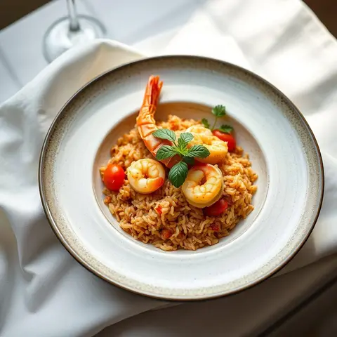Tomato rice with seafood. AI-generated photo.