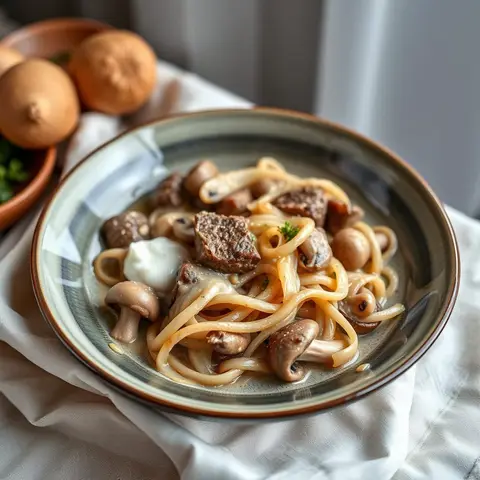 Beef stroganoff. AI-generated photo.