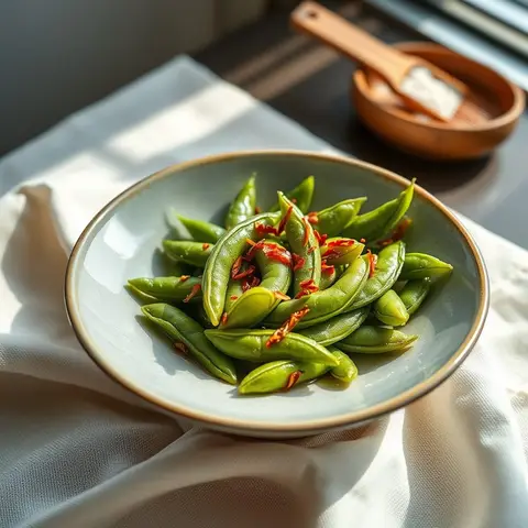 Salt and Chili Edamame. AI-generated photo.