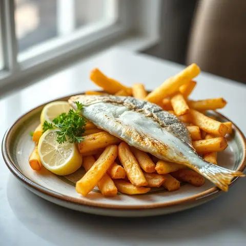 Barramundi and chips. AI-generated photo.
