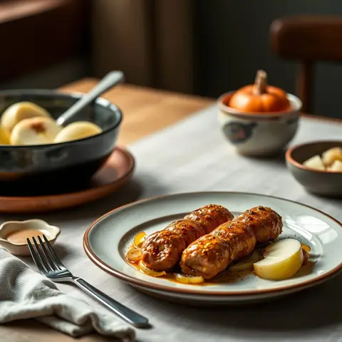Curried sausages. AI-generated photo.