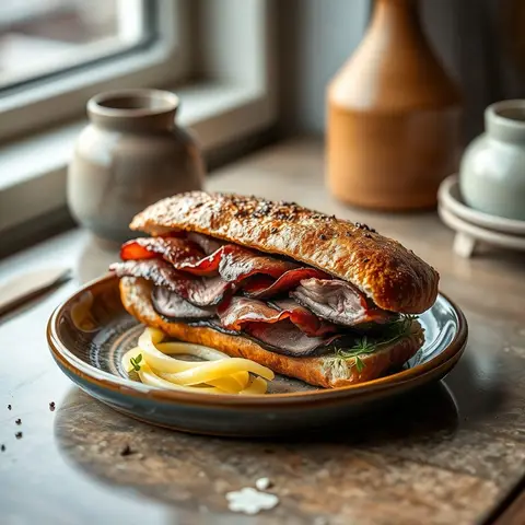 Smoked meat sandwich. AI-generated photo.
