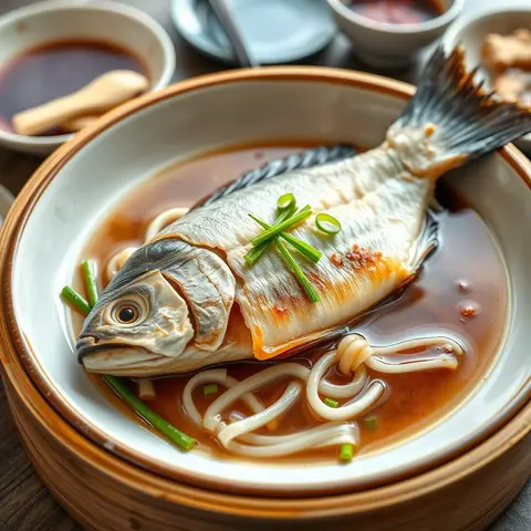 Steamed whole fish. AI-generated photo.