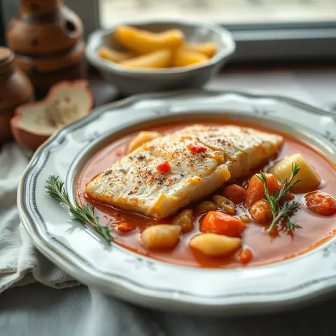 Fish paprikash. AI-generated photo.
