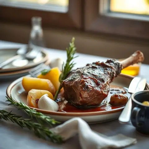 Roast lamb. AI-generated photo.