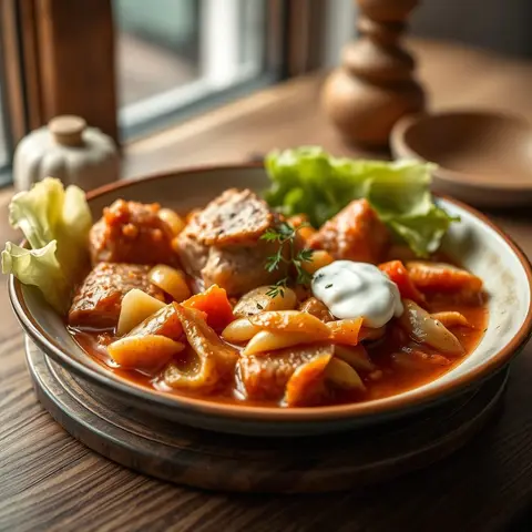 Cabbage goulash. AI-generated photo.