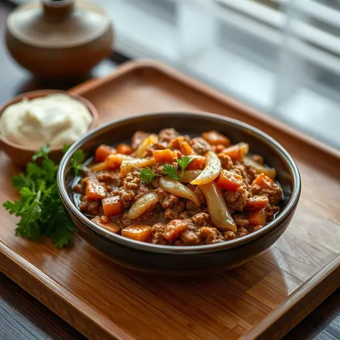 Minced meat sauce. AI-generated photo.