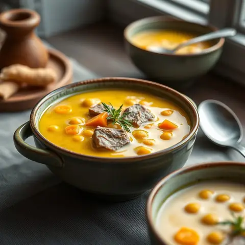 Yellow pea soup. AI-generated photo.