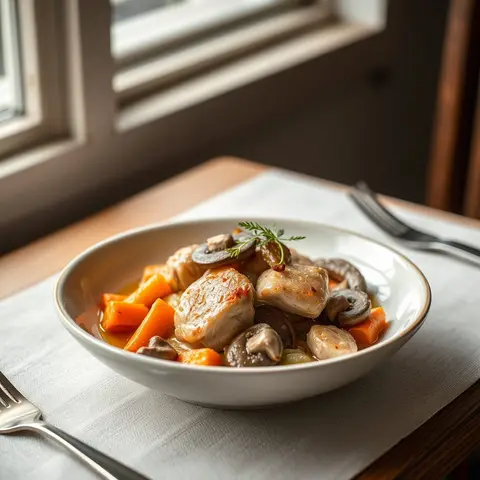 Blanquette of chicken. AI-generated photo.