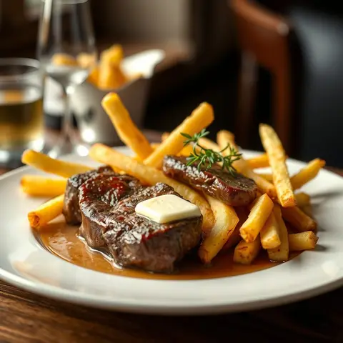 Steak frites. AI-generated photo.