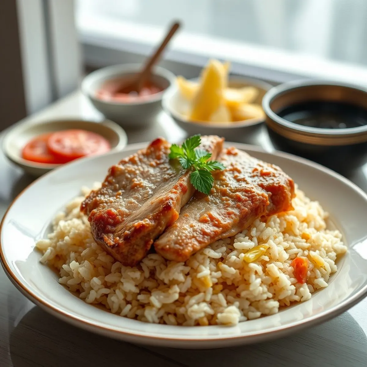 AI-generated photo Baked pork chop rice. AI-generated photo.