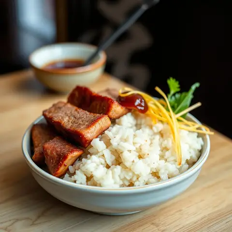 Char siu rice. AI-generated photo.