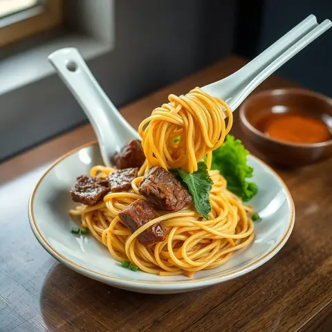 Satay beef noodles. AI-generated photo.