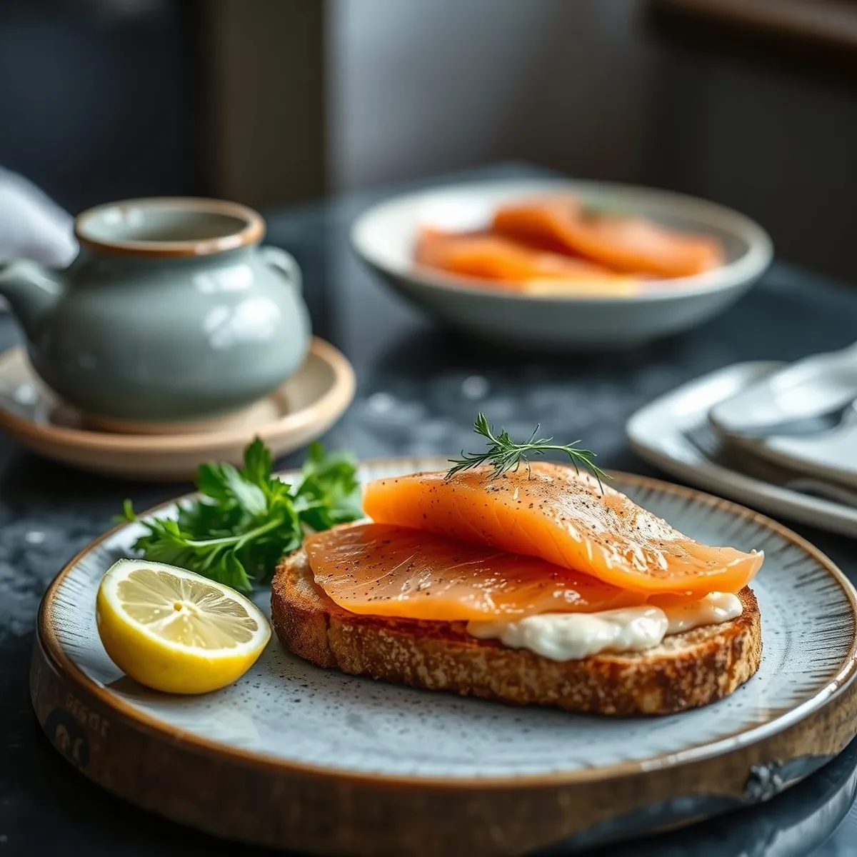 AI-generated photo Salmon on brown bread. AI-generated photo.