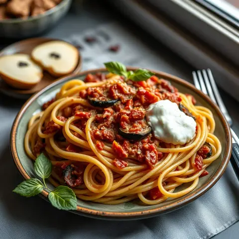 Pasta alla Norma. AI-generated photo.